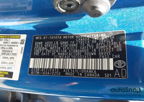 2009 Toyota Matrix S z USA, uszkodzony, nr VIN 2T1KE40E19C002453